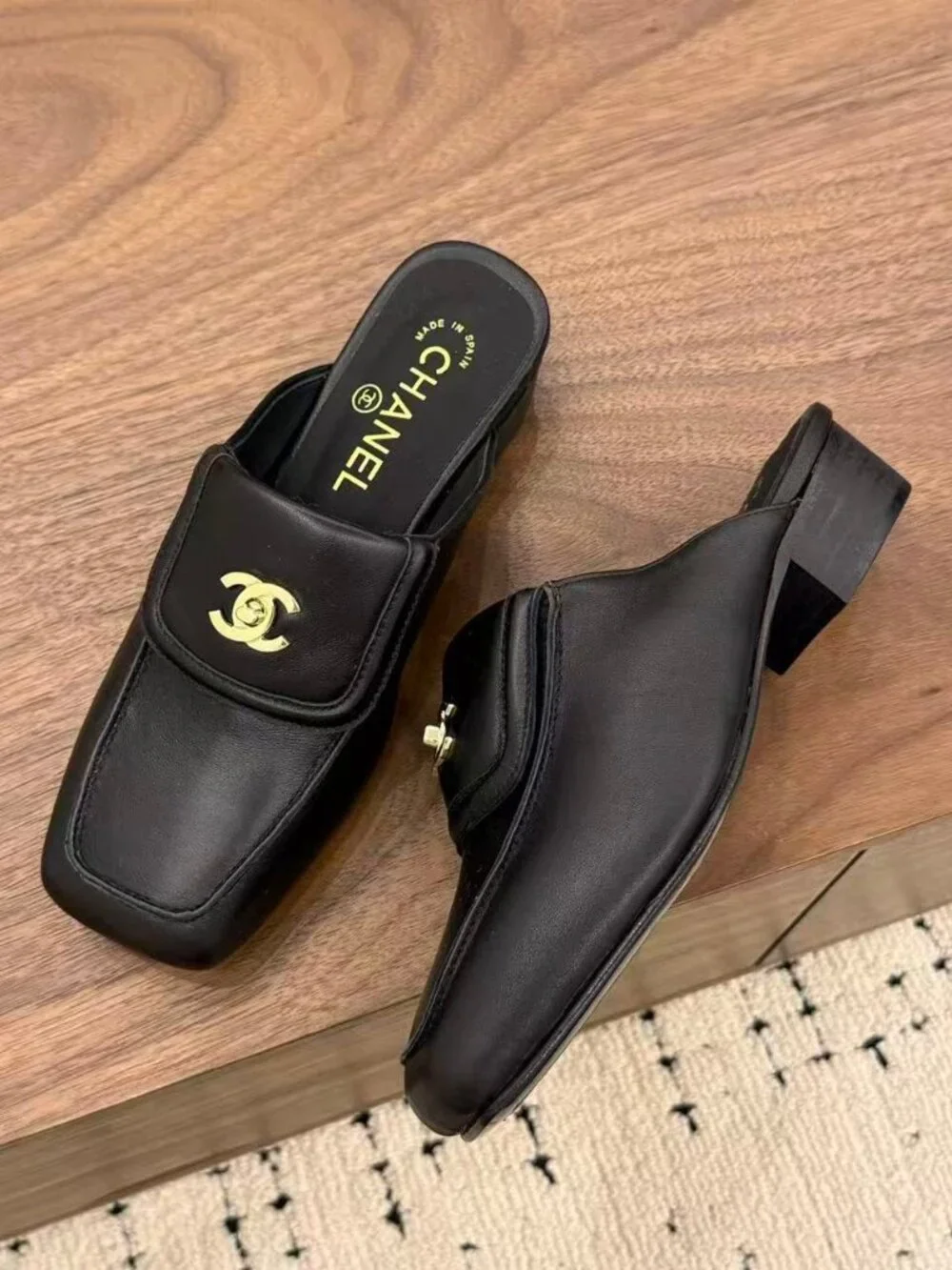 Chanel Black Leather CC Turn‑Lock Square Toe Mule Loafers